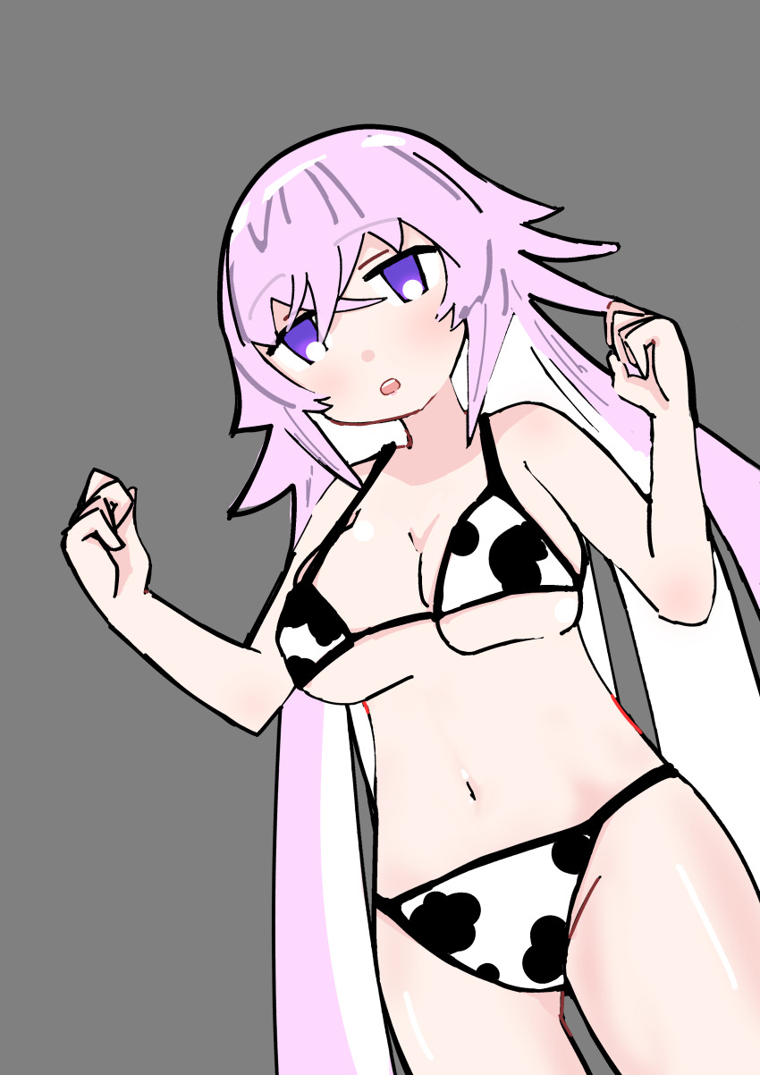 1girl, absurdres, animal_print, bikini, breast_expansion, breasts, clenched_hands, cow_print