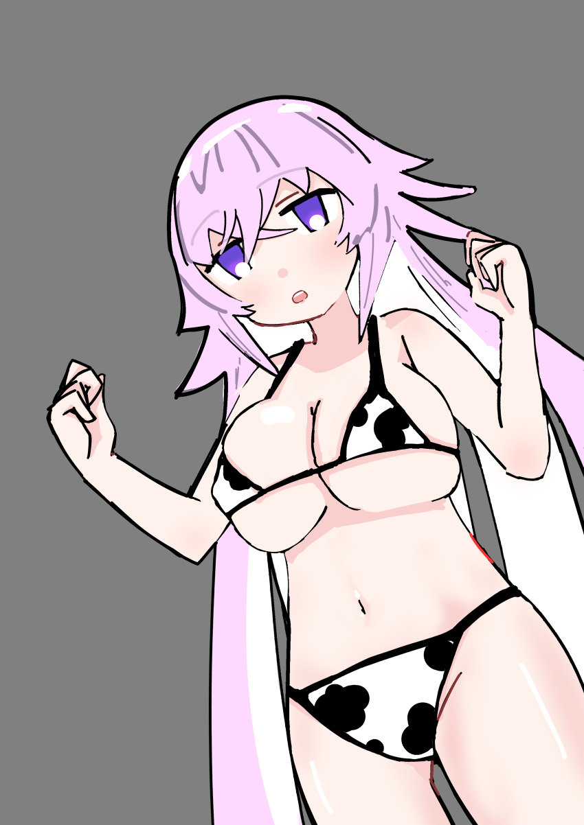 1girl, absurdres, animal_print, bikini, breast_expansion, breasts, clenched_hands, cow_print, cow_print_bikini, grimms_notes, hands_up, highres, huge_breasts, kurahutooniki, magic_mirror_(grimms_notes), navel, parted_lips, print_bikini, purple_eyes, purple_hair, solo, standing, swimsuit, teeth, upper_teeth_only