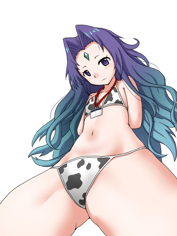 1girl, aesop_(grimms_notes), arms_behind_back, blue_hair, closed_mouth, cow_print, cow_print_bikini, flat_chest, from_behind, gradient_hair, grimms_notes, looking_at_viewer, multicolored_hair, print_bikini, simple_background, solo, standing, yass_hero