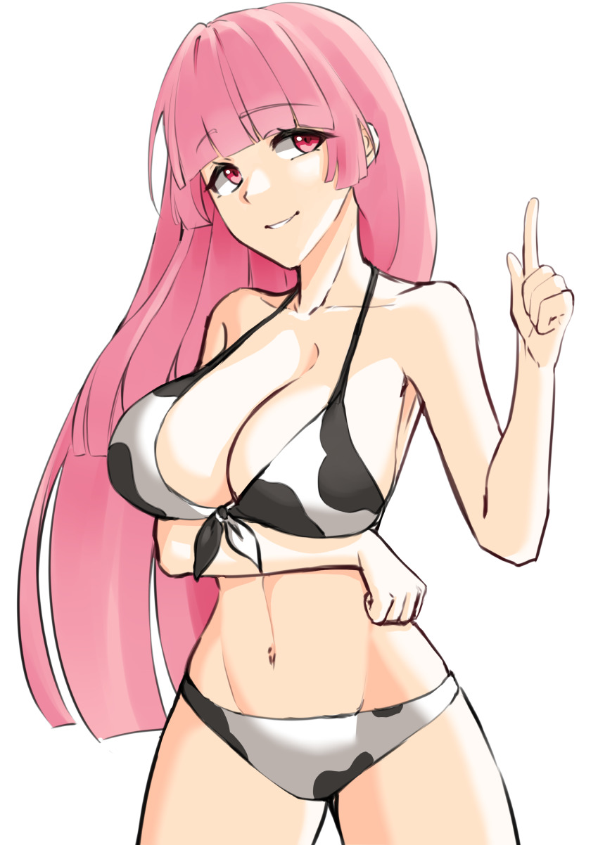 1girl, absurdres, breasts, chaos_juliet_(grimms_notes), collarbone, grimms_notes, grin, hand_up, highres, huge_breasts, long_hair, navel, pink_eyes, pink_hair, pyeong_il, simple_background, smile, solo, standing, teeth, white_background
