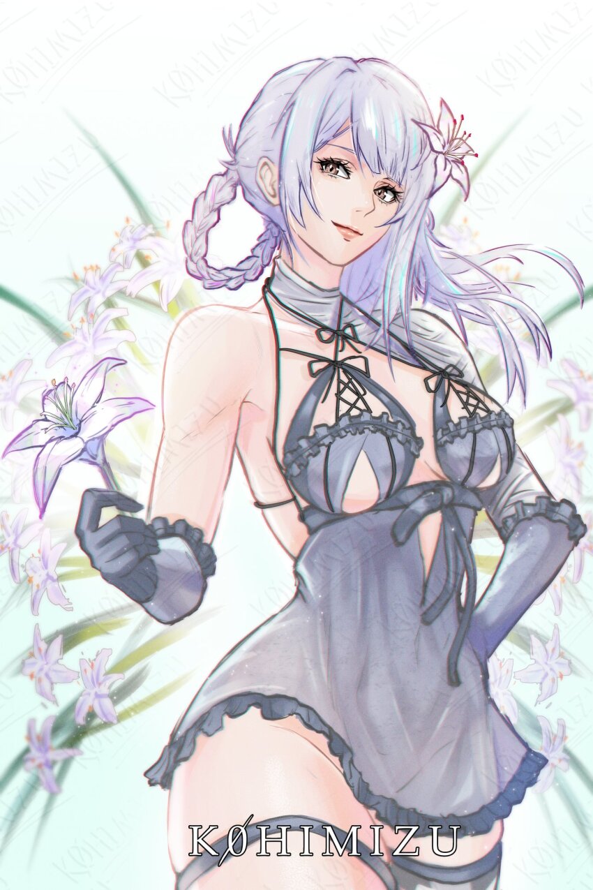 1girl, artist_name, bandaged_neck, bandages, black_gloves, braid, braided_hair_rings, breasts