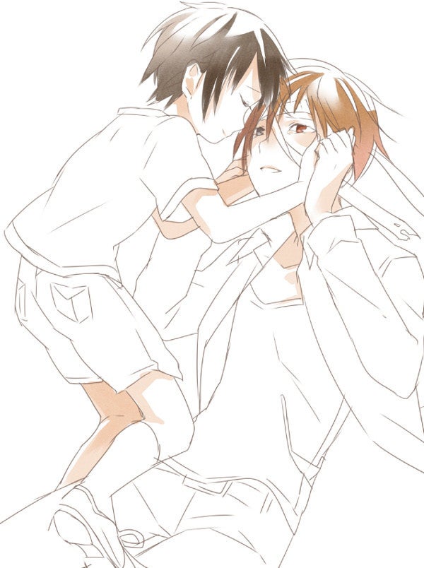 2boys, aged_down, bandage_over_one_eye, black_hair, brown_eyes, brown_hair, closed_eyes, hands_on_another's_face