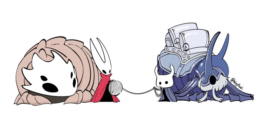 1girl, 1other, arthropod_girl, bell_beast_(hollow_knight), black_eyes, blue_cape, cape, cloak, commentary, english_commentary, extra_eyes, hairyfood1, highres, hollow_eyes, hollow_knight, hollow_knight:_silksong, hornet_(hollow_knight), horns, knight_(hollow_knight), red_cloak, single_horn, standing, string, the_last_stag, yarn, yarn_ball