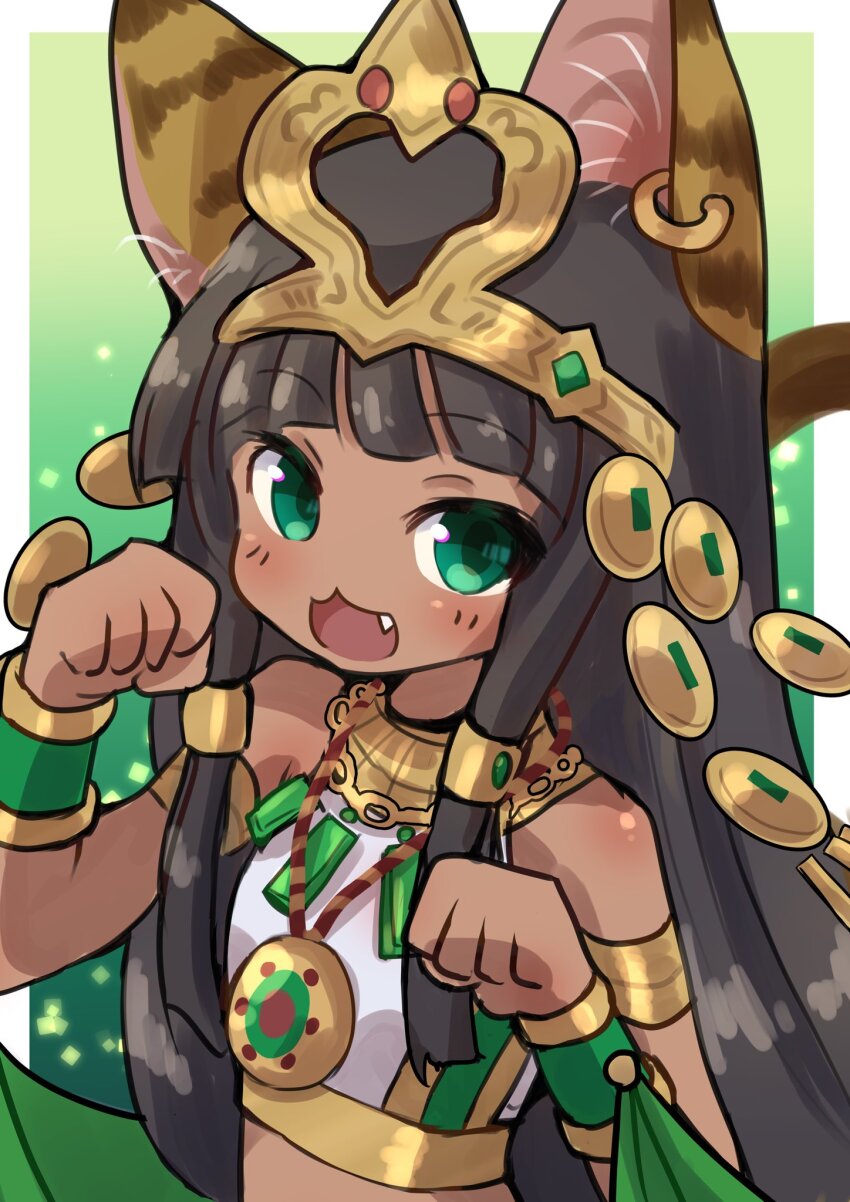 1girl, :d, ancient_egyptian, ancient_egyptian_clothes, animal_ears, bare_shoulders, bastet_(p&amp;d), black_hair, breasts, cat_ears, cat_girl, commentary_request, dark, dark-skinned_female, dark_skin, earrings, fang, green_background, green_eyes, highres, brown_egyptian_cat-eared_loli_(trend), jewelry, long_hair, looking_at_viewer, open_mouth, puzzle_&amp;_dragons, small_breasts, smile, solo, straight_hair, very_long_hair, yaguchiakira