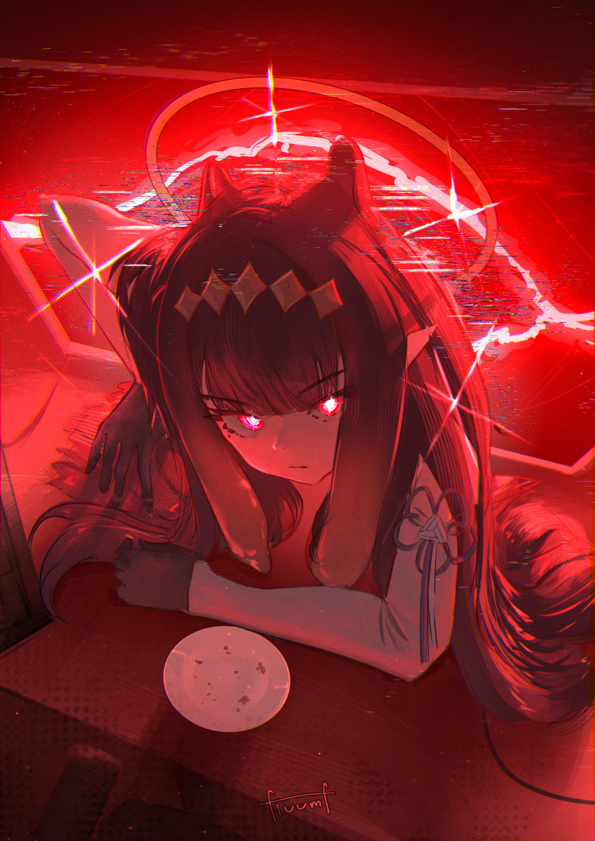 1girl, absurdres, black_gloves, black_hair, closed_mouth, detached_sleeves, diamond_hairband, floomf