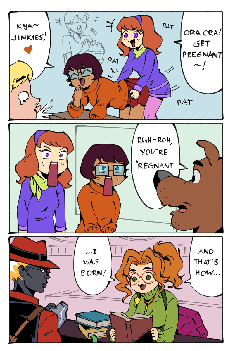 3boys, 3girls, and_that's_how_i_was_born_(meme), bartender, book, bucket, closed_eyes, cocktail_shaker, daphne_blake, dark-skinned_female, dark-skinned_male, dark_skin, deadlock_(game), dry_humping, eating, english_text, fedora, food, freckles, fred_jones, hat, highres, holding, holding_book, holding_bucket, holding_cocktail_shaker, holding_food, humping, if_they_mated, infernus_(deadlock), laughing, meme, multiple_boys, multiple_girls, officeanomaly, ora_ora_get_pregnant_(meme), paige_(deadlock), popcorn, science_babies, scooby-doo, scooby-doo_(series), shaggy_rogers, speech_bubble, sunglasses, surprised, velma_dinkley, yuri