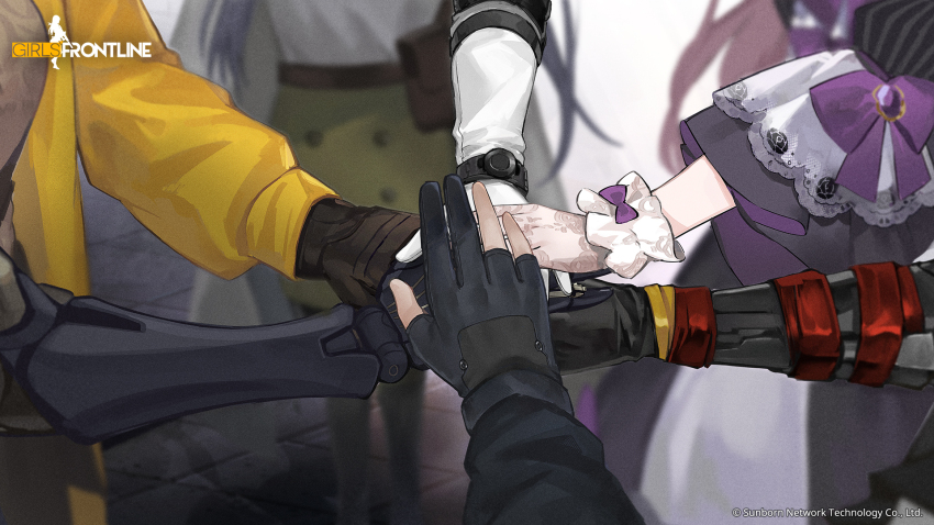 1boy, 5girls, ak-12_(girls'_frontline), ar-18_(girls'_frontline), arm_focus, artist_request, black_dress, black_gloves
