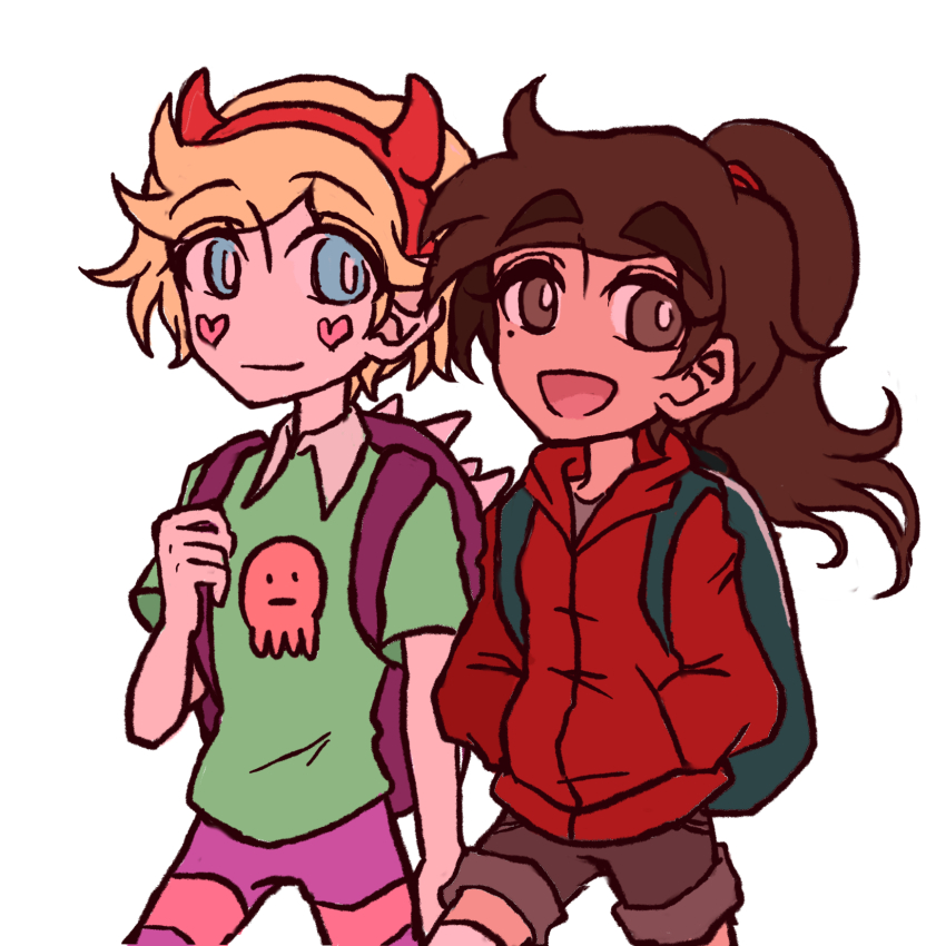 1boy, 1girl, blonde_hair, blue_eyes, brown_eyes, brown_hair, genderswap, genderswap_(ftm), genderswap_(mtf), girly_boy, highres, marco_diaz, mole, mole_under_eye, open_mouth, ponytail, star_butterfly, star_vs_the_forces_of_evil, tomboy, yumichen