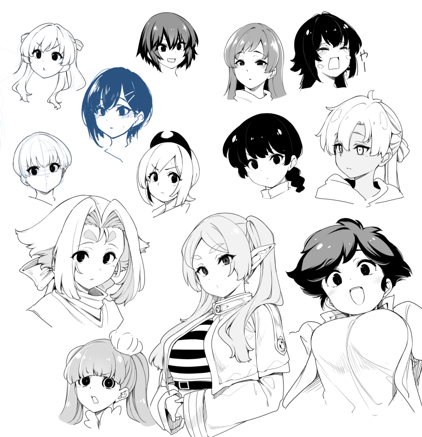 6+girls, alternate_breast_size_(larger), belt, breasts, character_request, closed_mouth, copyright_request, crossover