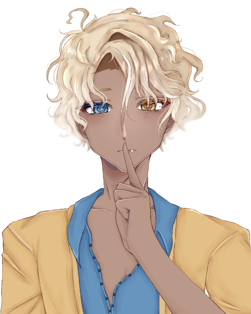 1boy, bad_source, blonde_hair, blue_eyes, closed_mouth, eiyiyu, expressionless, fang, finger_to_mouth, flicker_(roblox), heterochromia, jacket, jackson(flicker), messy_hair, roblox, shirt, solo, tan, vest, yellow_eyes, yellow_jacket