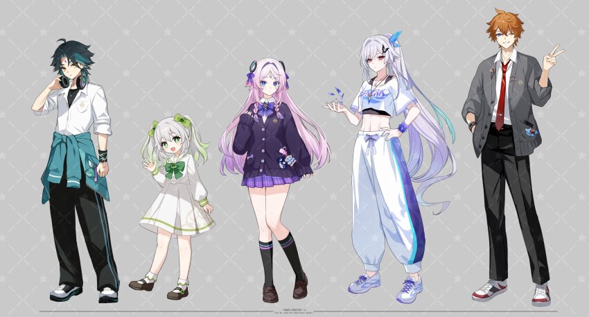 2boys, 3girls, absurdres, black_socks, blue_eyes, bow, bowtie, brown_shoes, citlali_(genshin_impact), citlali_(parallels_meet_school)_(genshin_impact), closed_mouth, cropped_shirt, cross-shaped_pupils, expressionless, facial_mark, full_body, genshin_impact, gradient_hair, green_eyes, green_hair, grey_hair, hand_on_own_hip, highres, hoyofair, kneehighs, long_sleeves, looking_at_viewer, multicolored_hair, multiple_boys, multiple_girls, nahida_(genshin_impact), nahida_(parallels_meet_school)_(genshin_impact), open_mouth, pants, pink_hair, pink_pupils, ponytail, purple_bow, purple_bowtie, qi2341, red_eyes, school_uniform, shirt, shoes, skirk_(genshin_impact), skirk_(parallels_meet_school)_(genshin_impact), skirt, smile, socks, standing, symbol-shaped_pupils, tartaglia_(genshin_impact), triangle, triangle_facial_mark, white_pants, white_shirt, white_shoes, white_socks, xiao_(genshin_impact)