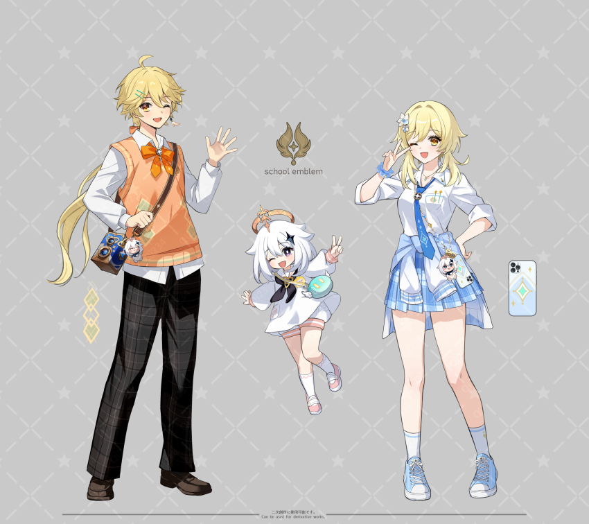 1other, 2girls, absurdres, aether_(genshin_impact), aether_(parallels_meet_school)_(genshin_impact), blonde_hair, blue_necktie, blue_shoes