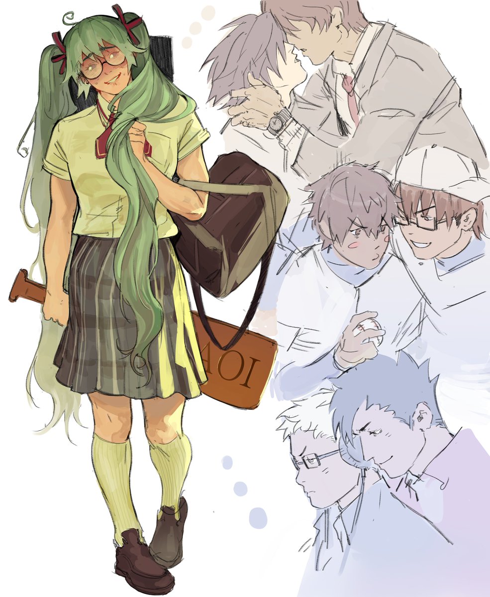 1girl, 6+boys, ace_of_diamond, ahoge, bag, biting_own_lip, black_bag, black_shoes