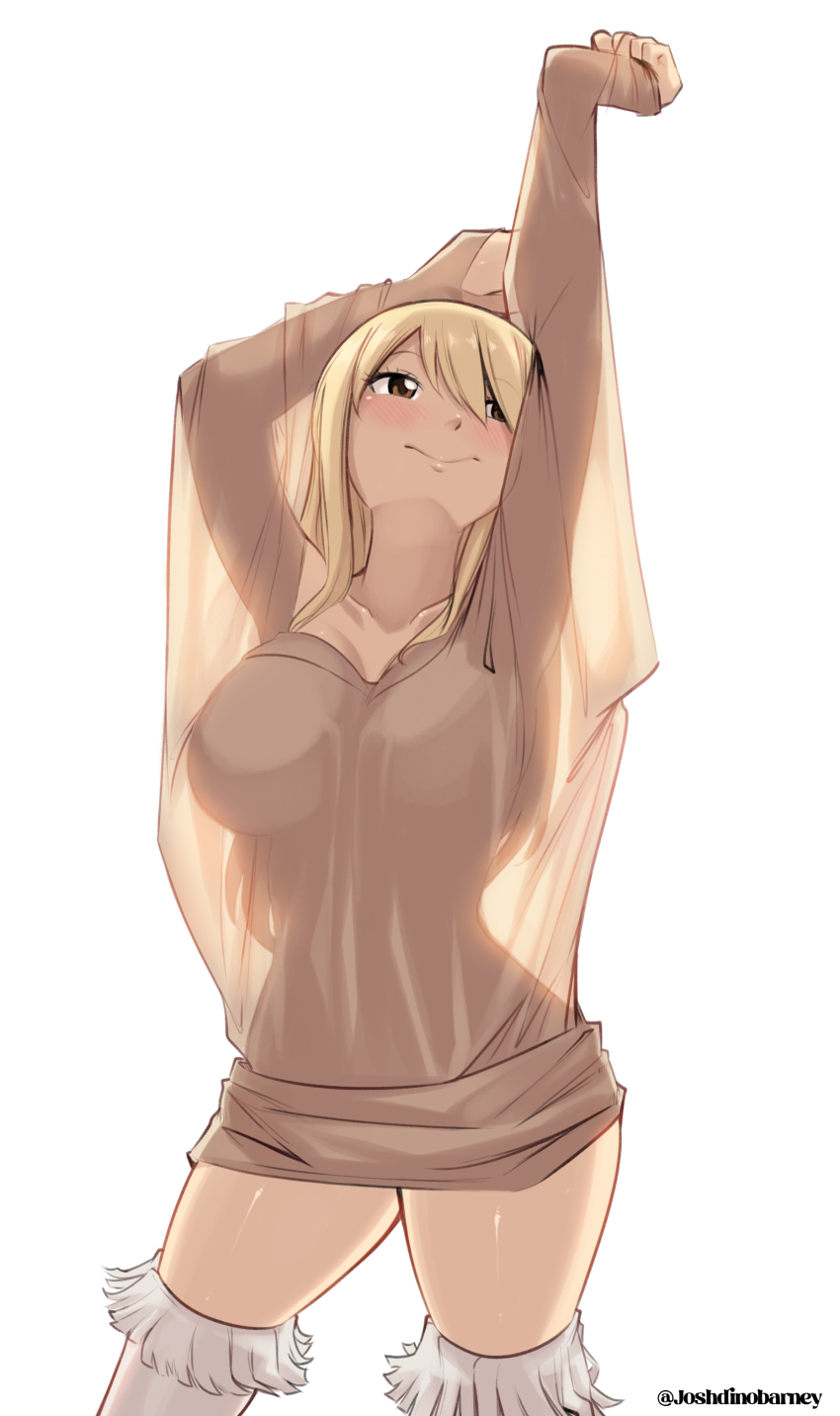 1girl, absurdres, arms_up, artist_name, blonde_hair, breasts, brown_eyes, brown_shoes