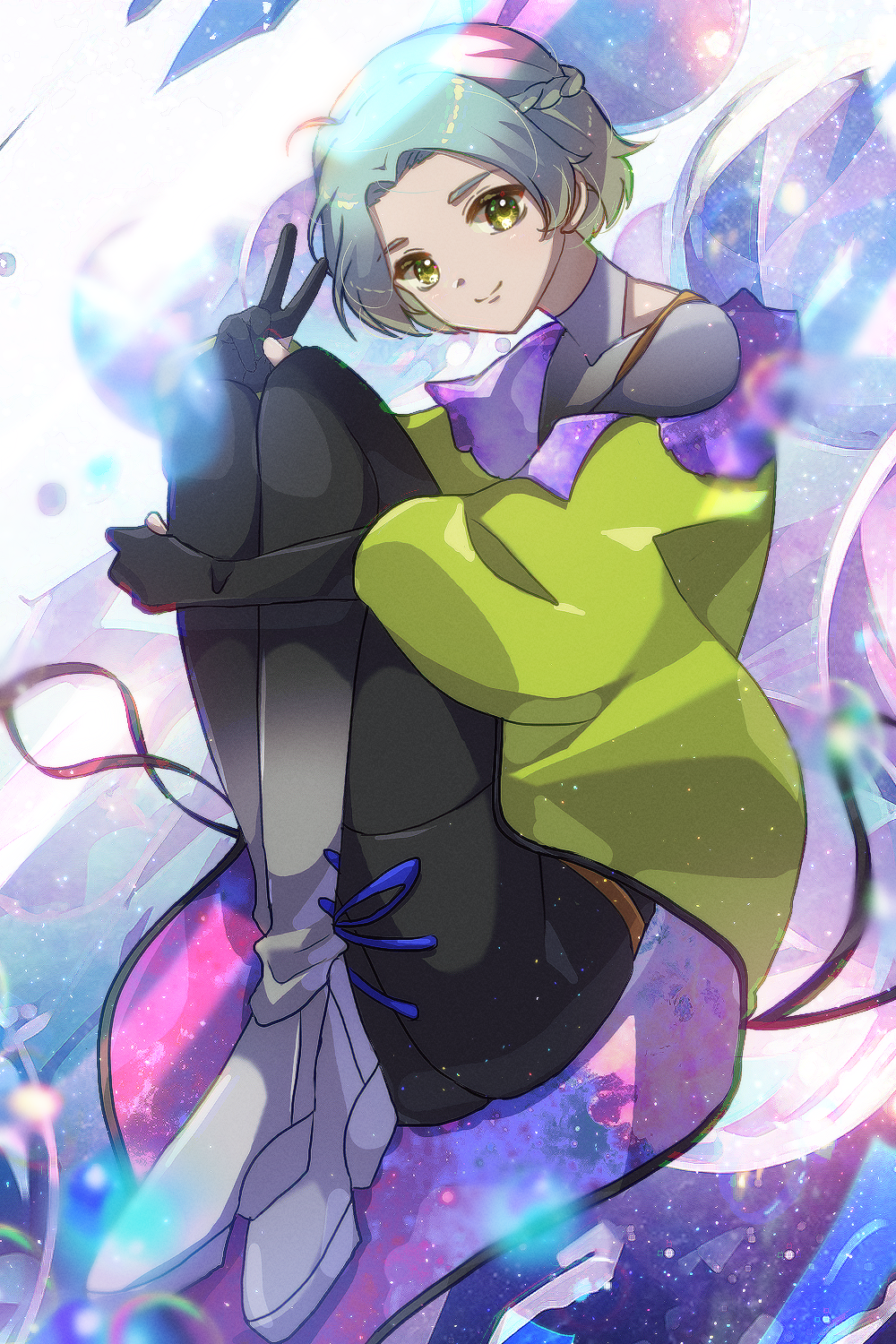 1girl, closed_mouth, collarbone, full_body, gloves, gnosia, green_eyes, highres