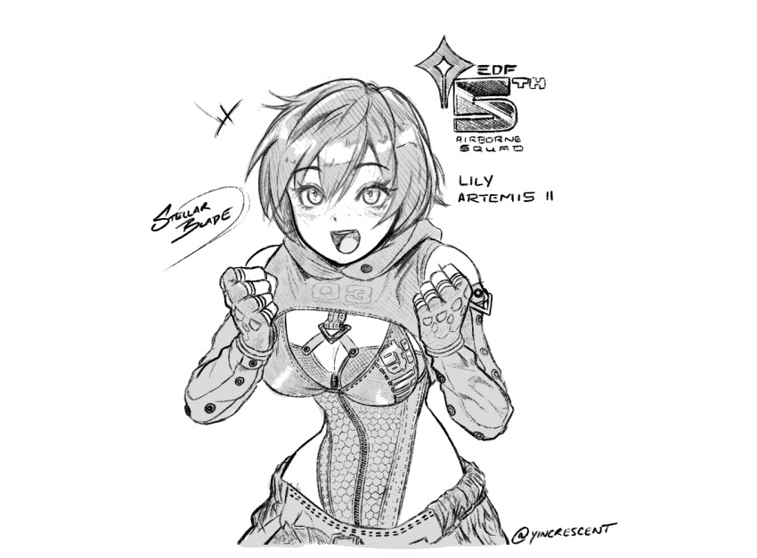 1girl, artist_name, breasts, character_name, clenched_hands, clothing_cutout, copyright_name, greyscale