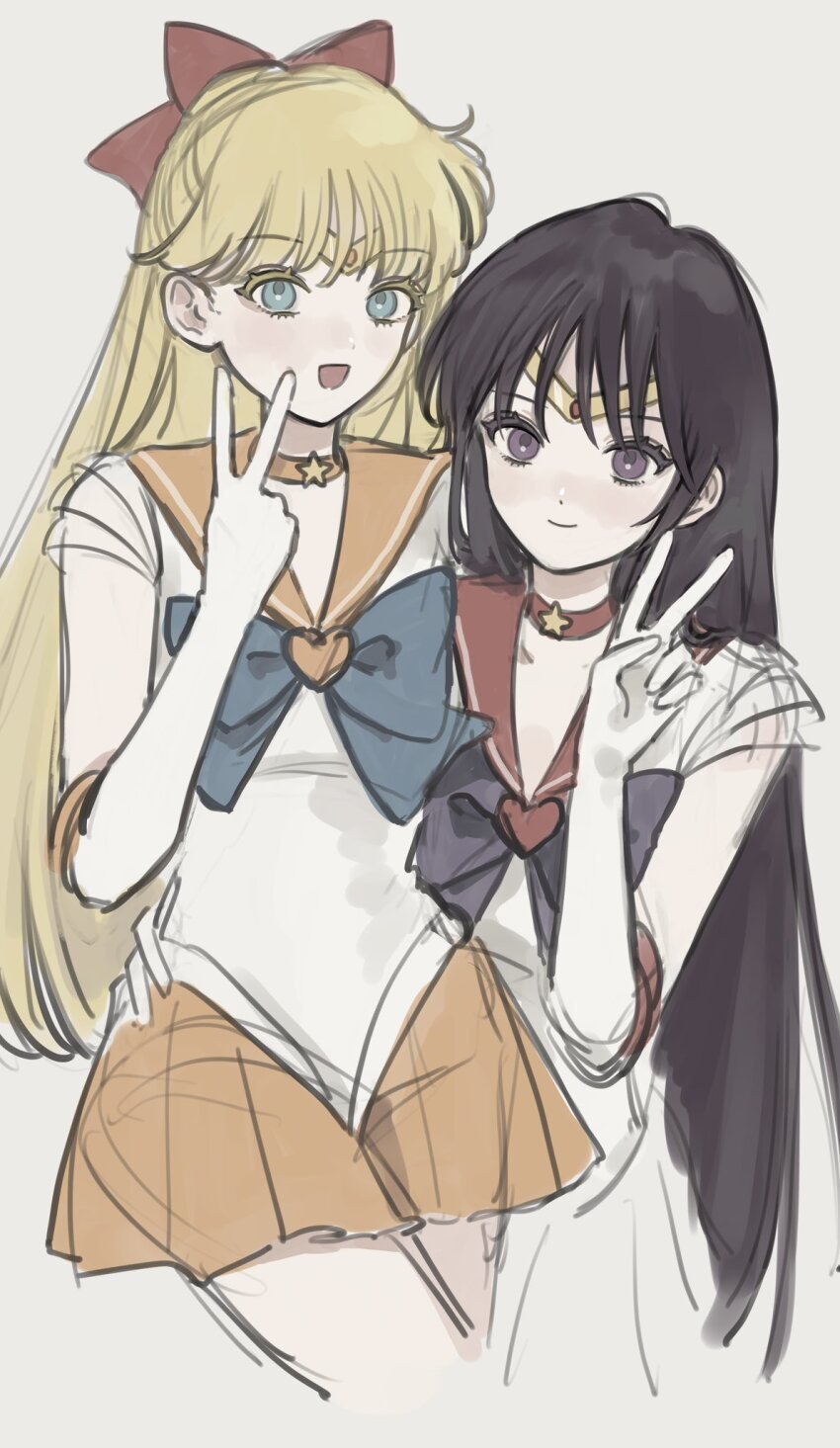 2girls, aino_minako, bishoujo_senshi_sailor_moon, black_hair, blonde_hair, blue_eyes, choker, cibal_rom, hair_ribbon, highres, hino_rei, looking_at_viewer, multiple_girls, open_mouth, purple_eyes, red_ribbon, ribbon, sailor_mars, sailor_venus, salute, short_sleeves, two-finger_salute