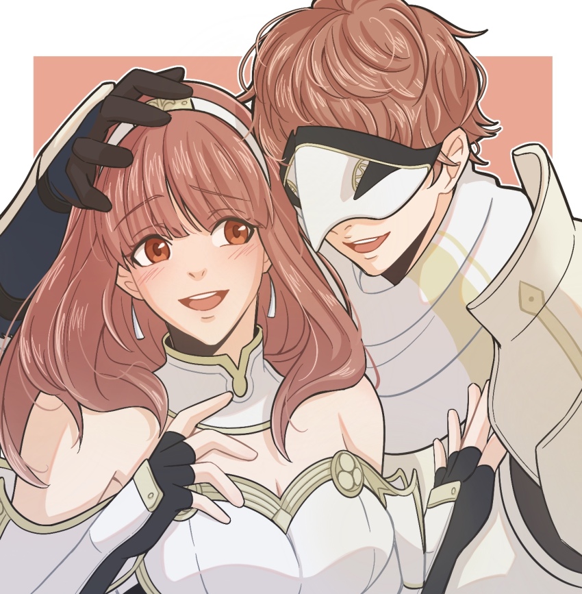 1boy, 1girl, :d, black_gloves, breasts, brother_and_sister, celica_(fire_emblem), cleavage