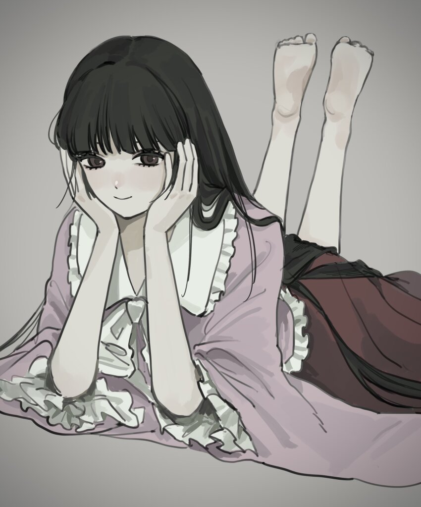 1girl, absurdres, barefoot, black_hair, cibal_rom, grey_background, highres, houraisan_kaguya, kaguya_day, long_hair, lying, on_stomach, pink_shirt, red_skirt, shirt, skirt, solo, touhou, very_long_hair