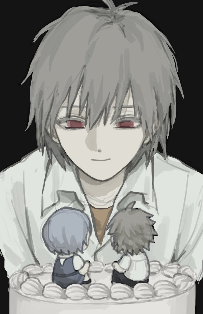 1boy, 1girl, absurdres, ayanami_rei, blue_hair, cake, chibi, cibal_rom, clone, food, grey_hair, highres, looking_at_another, nagisa_kaworu, neon_genesis_evangelion, red_eyes, shirt, smile, straight-on, white_shirt
