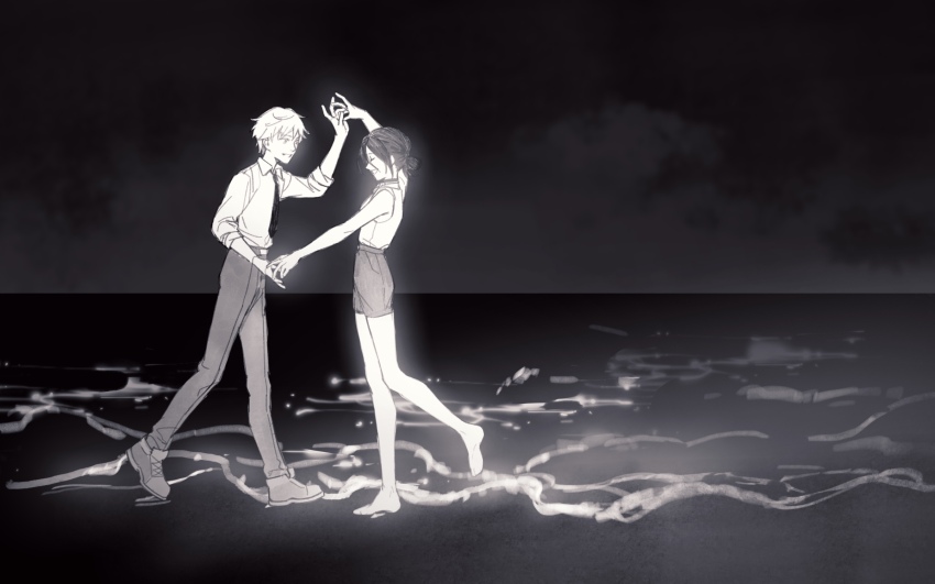 1boy, 1girl, :d, barefoot, chainsaw_man, choker, cloud, cloudy_sky