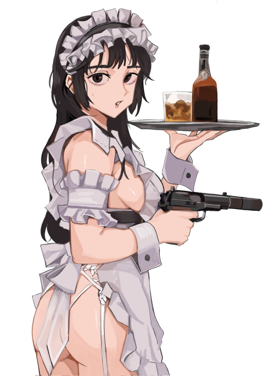 1girl, ass, black_eyes, black_hair, cup, drinking_glass, finger_on_trigger, from_behind, gun, handgun, highres, holding, holding_gun, holding_tray, holding_weapon, long_hair, looking_at_viewer, looking_to_the_side, maid, maid_headdress, original, pb_pistol, simple_background, solo, suppressor, thighs, tray, unconventional_maid, wani_(perfect_han), weapon, white_background, white_wrist_cuffs, wrist_cuffs