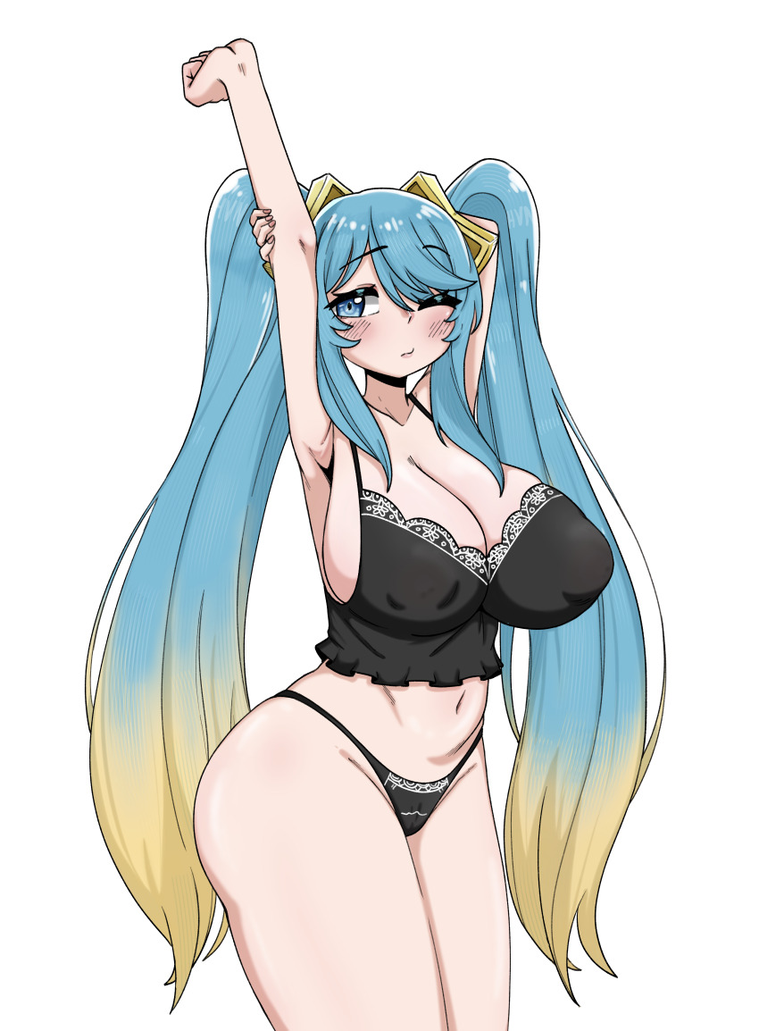 1girl, absurdres, arm_behind_head, arms_up, black_panties, blue_eyes, blue_hair, blush, bra, bralette, breasts, cleavage, covered_erect_nipples, hair_ornament, highres, hiivenn, huge_breasts, lace, lace-trimmed_bra, lace_trim, league_of_legends, long_hair, multicolored_hair, navel, one_eye_closed, panties, solo, sona_(league_of_legends), twintails, underwear, very_long_hair