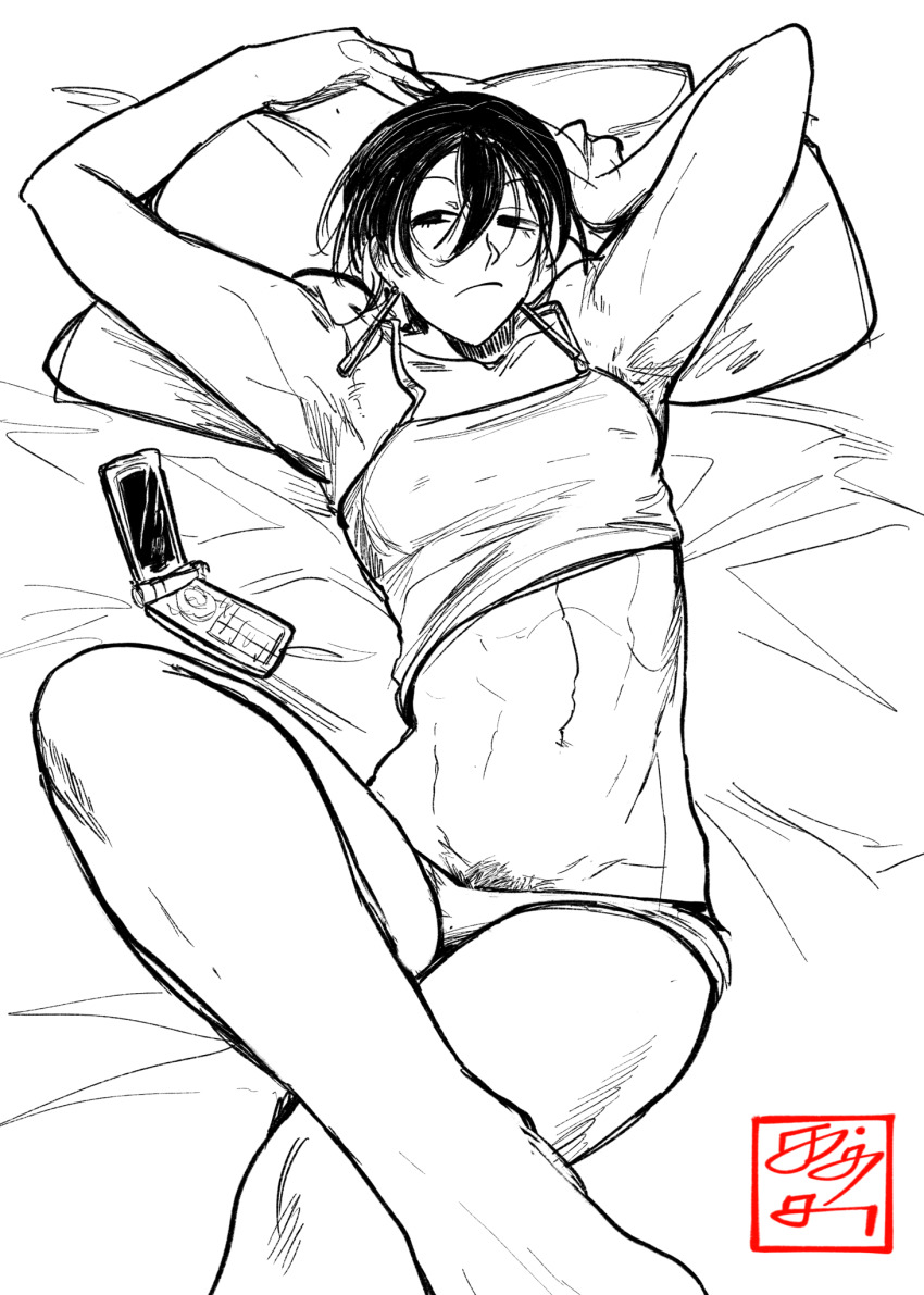 1girl, arm_up, armpits, bed, black_hair, breasts, cellphone, crossed_legs