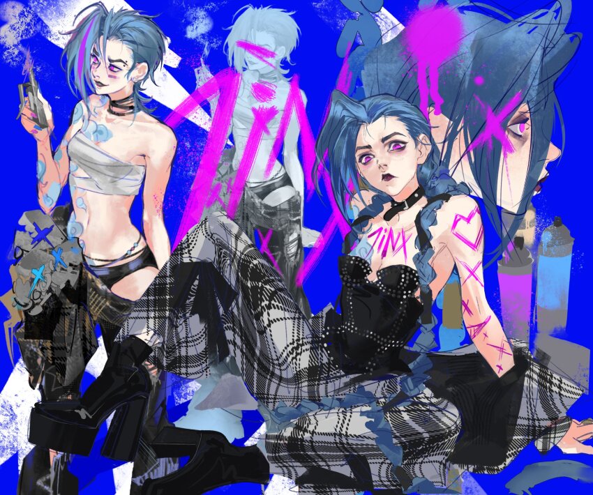 1girl, arcane:_league_of_legends, arcane_jinx, arm_tattoo, bandaged_torso, black_bodice, black_choker, black_panties