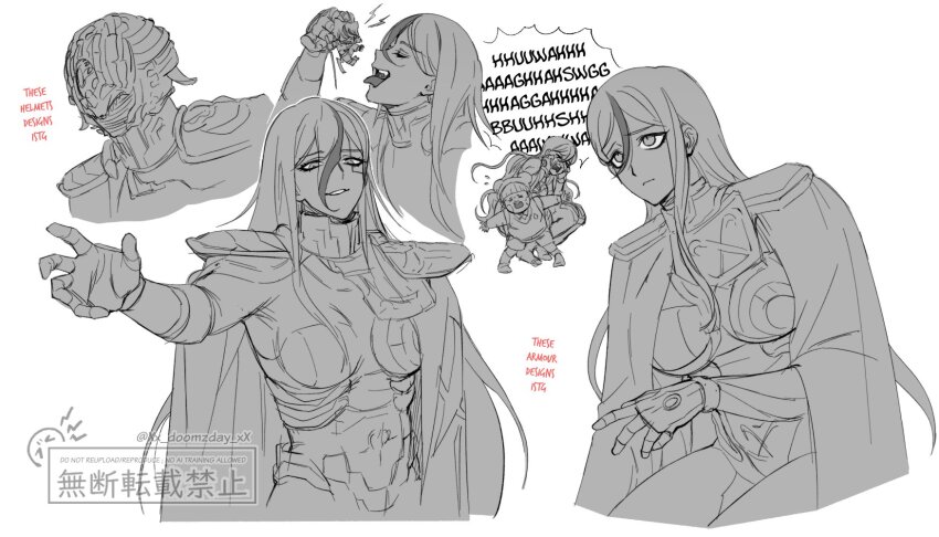 1boy, 2girls, armor, bodysuit, cape, crying, eva_(hundred_line), facial_mark, ginzaki_shouma, gloves, hat, helmet, highres, light_smile, monochrome, multicolored_hair, multiple_girls, shoulder_armor, the_hundred_line_-last_defense_academy-, tongue, tongue_out, v'ehxness, xx_doomzday_xx