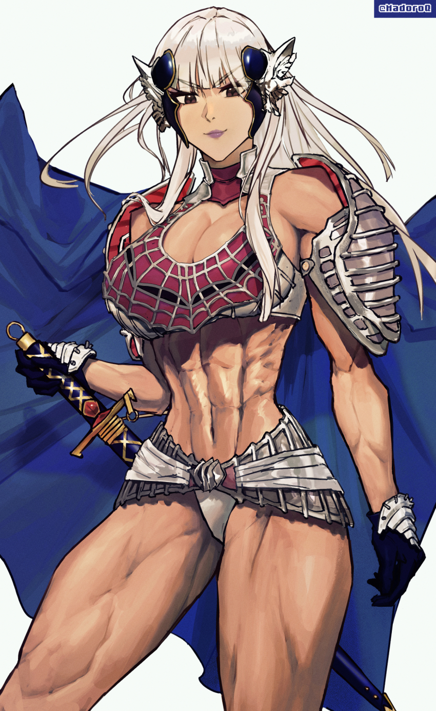 1girl, abs, animification, armor, bikini_armor, blue_cloak, blue_gloves, blunt_bangs