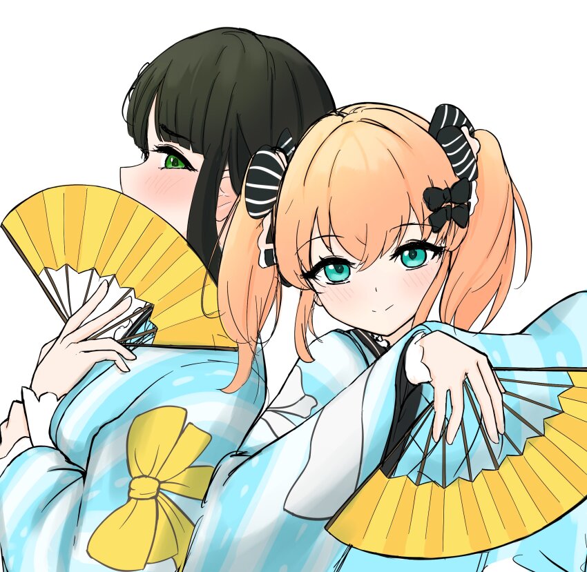 2girls, 37.5c_no_fantasy, absurdres, blue_eyes, blue_kimono, cerise_bouquet, closed_mouth, commentary