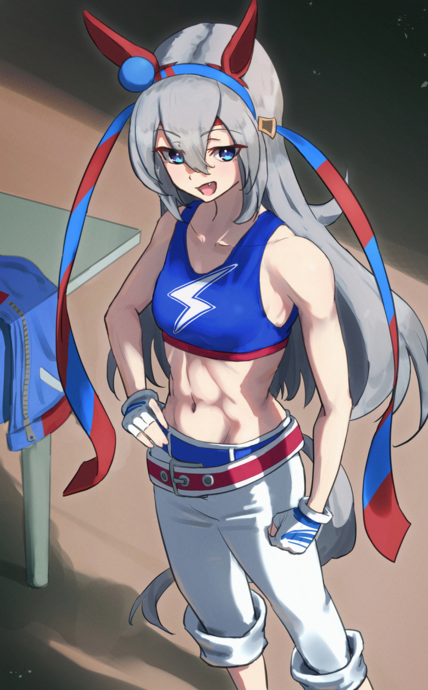 1girl, abs, animal_ears, bare_shoulders, belt, blue_jacket, blue_sports_bra, breasts