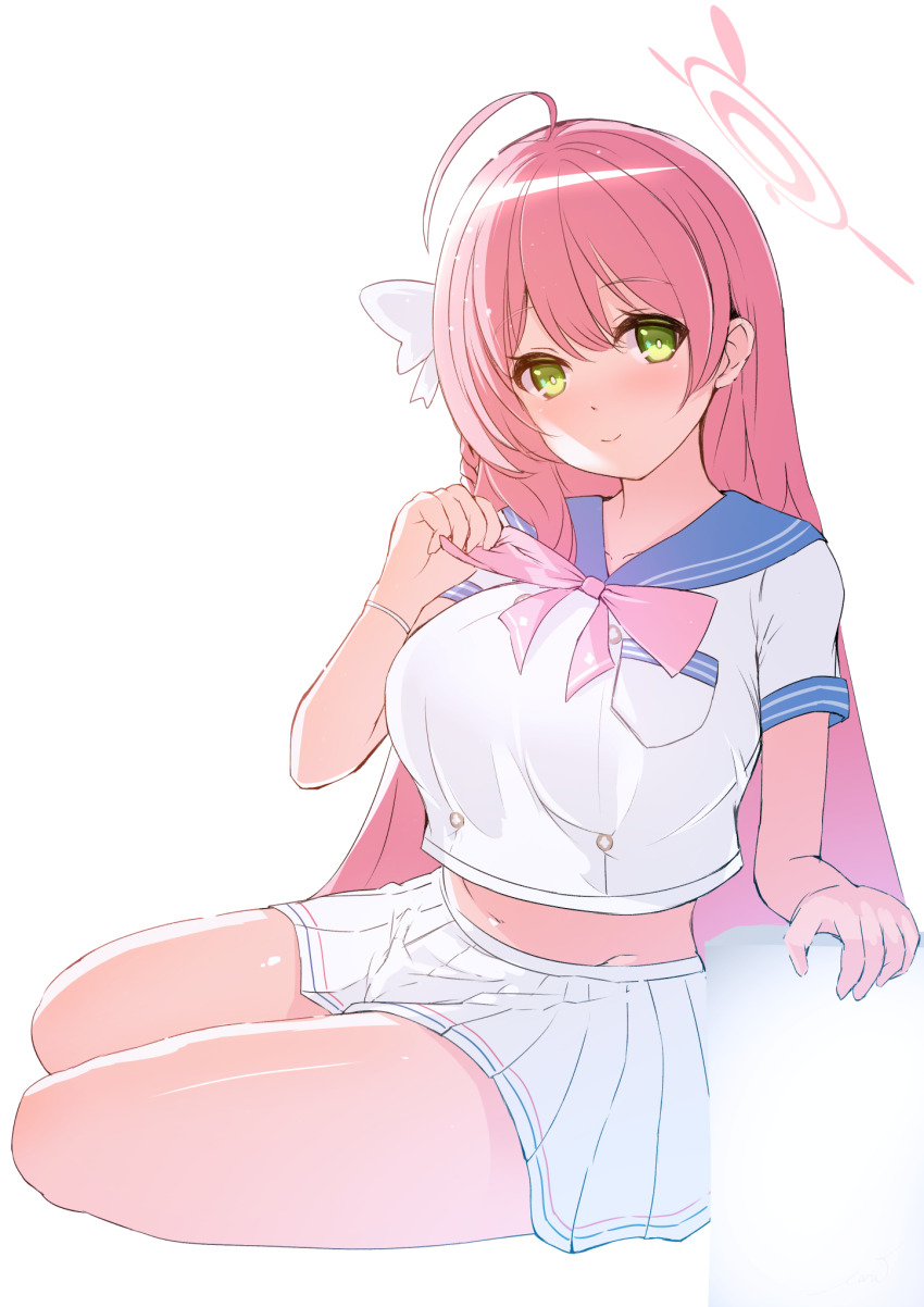 1girl, ahoge, blue_archive, blue_sailor_collar, bow, bowtie, bowtie_pull, breast_pocket