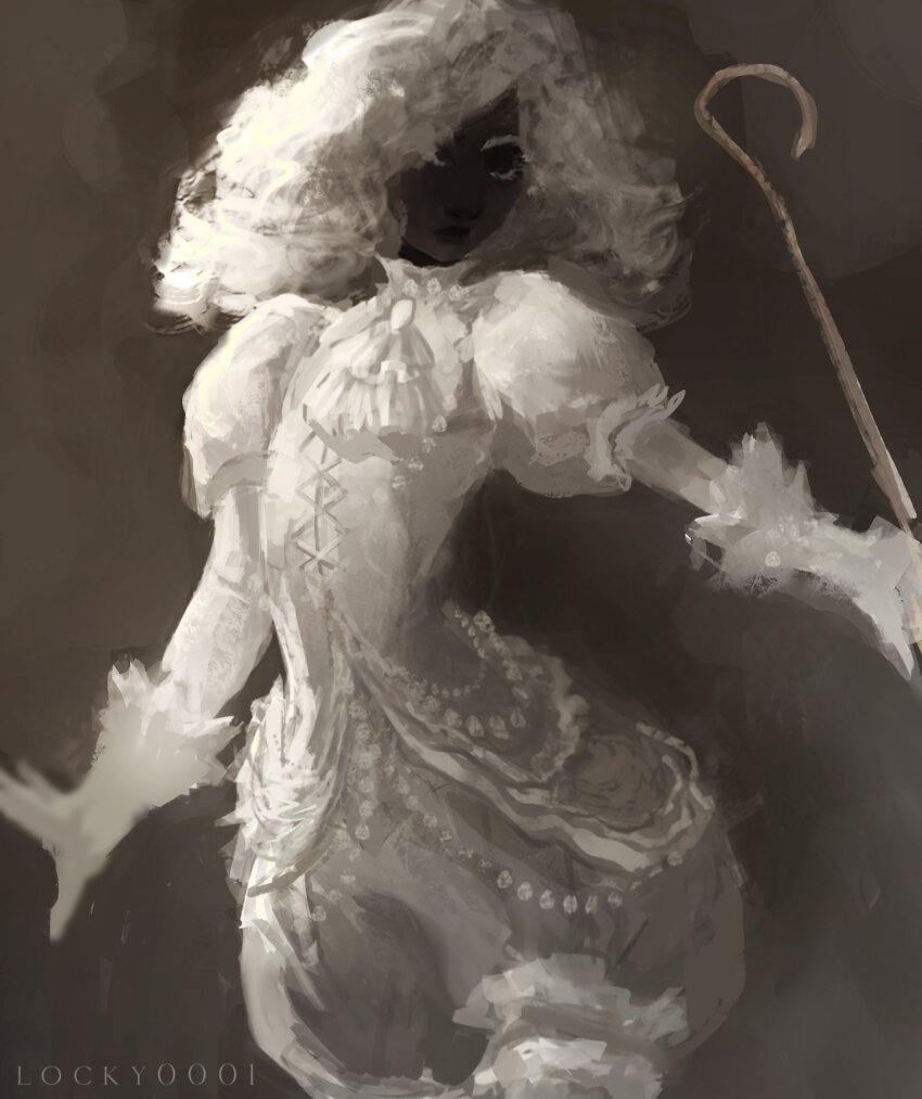 1girl, afro, ascot, black_skin, closed_eyes, closed_mouth, colored_skin, cowboy_shot