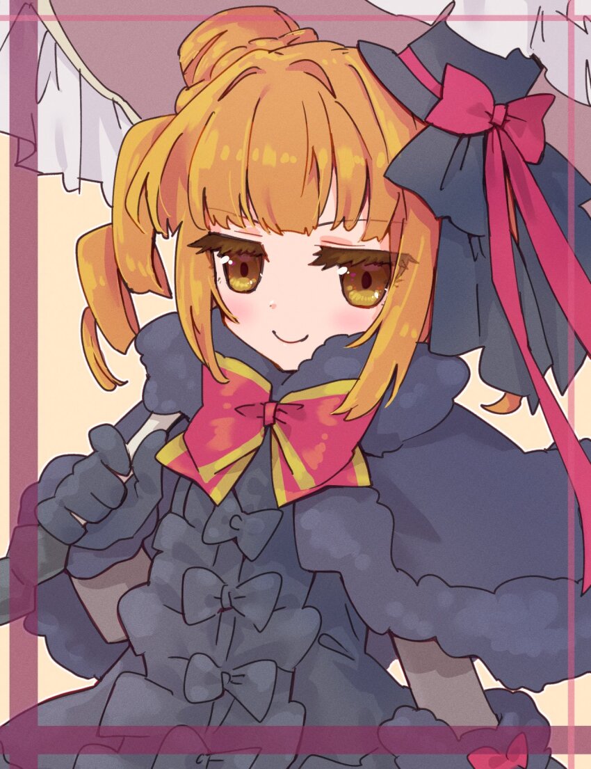 1girl, black_capelet, black_dress, black_gloves, black_hat, black_sleeves, capelet, dress