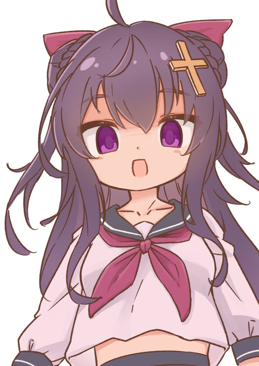 1girl, absurdres, ahoge, black_hair, cross_hair_ornament, double_bun, emil_chronicle_online, empty_eyes