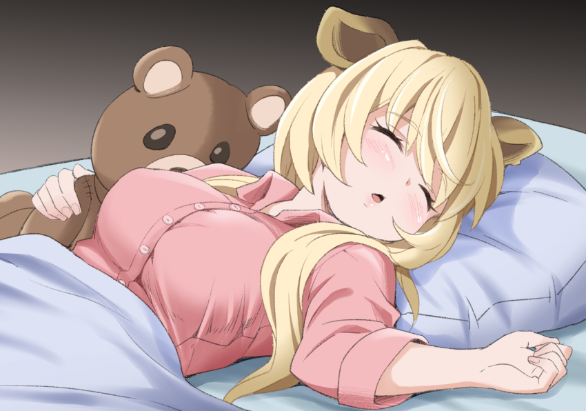 1girl, animal_ears, blanket, blonde_hair, breasts, buttons, closed_eyes, collared_shirt