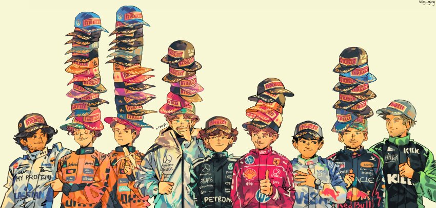 6+boys, absurdres, andrea_kimi_antonelli, baseball_cap, black_eyes, black_racing_suit, blue_eyes, blue_racing_suit