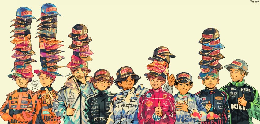 6+boys, absurdres, andrea_kimi_antonelli, baseball_cap, black_eyes, black_racing_suit, blue_eyes, blue_racing_suit