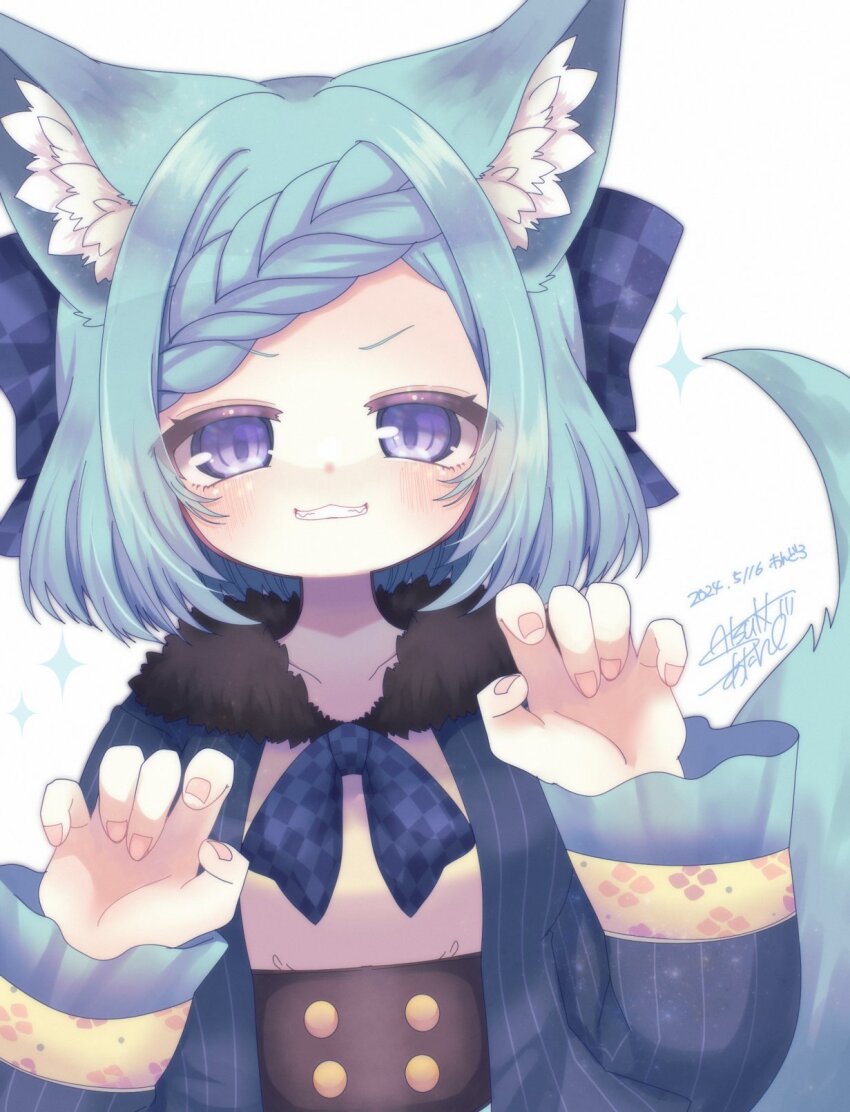 1girl, animal_ears, artist_name, blue_eyes, blue_hair, blue_jacket, blue_ribbon, braid