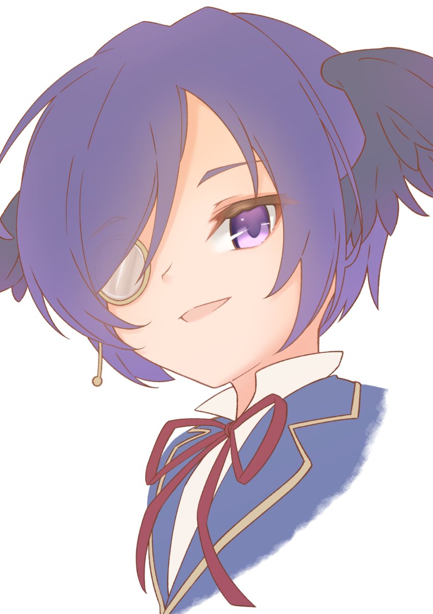 1boy, absurdres, black_wings, blue_hair, blue_jacket, emil_chronicle_online, head_wings, highres, jacket, monocle, neck_ribbon, open_mouth, portrait, ribbon, shirt, shugoma_rougetsu, silver-index, solo, white_background, white_shirt, wings