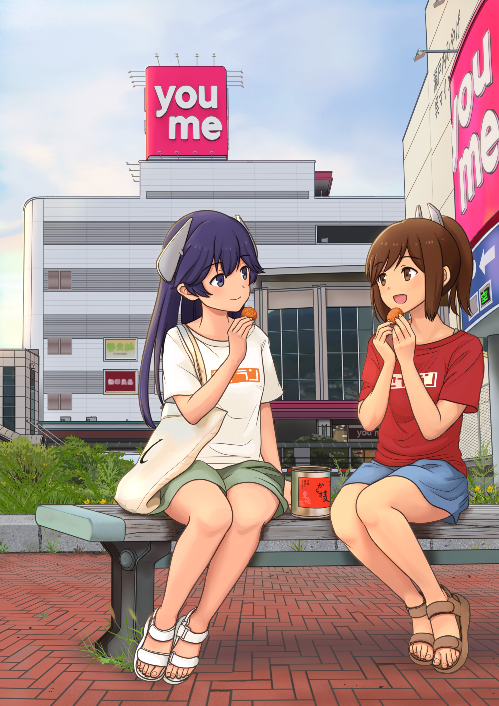 2girls, black_hair, blue_shorts, blue_sky, brown_eyes, brown_hair, building, clothes_writing, cloud, commentary_request, cookie_tin_(object), day, full_body, grey_shorts, headgear, highres, hitakikan, i-400_(kancolle), i-400_(kure)_(kancolle), i-401_(kancolle), kantai_collection, long_hair, matching_outfits, multiple_girls, official_alternate_costume, open-toe_shoes, outdoors, ponytail, red_shirt, sandals, shirt, short_hair, shorts, sky, white_shirt