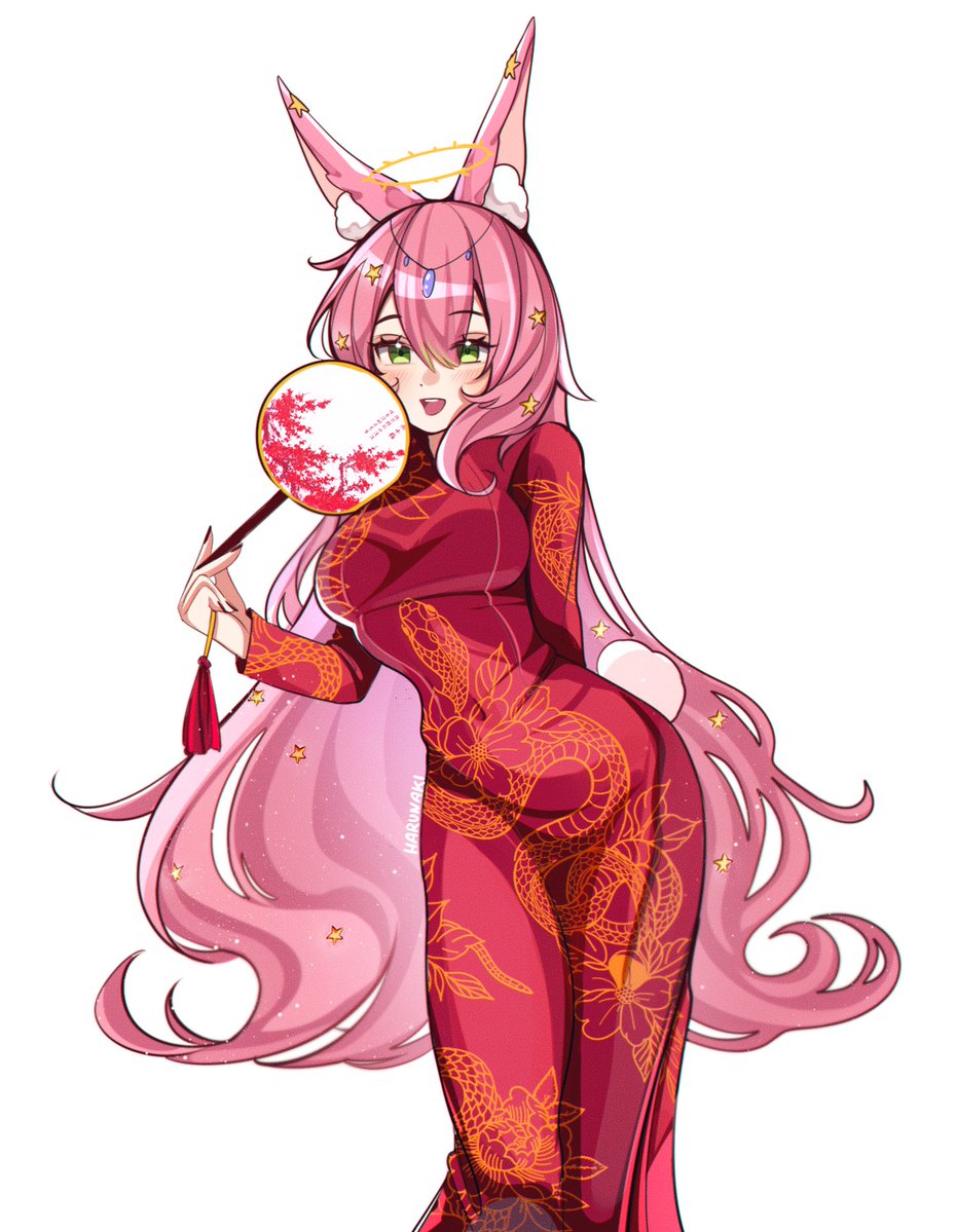 1girl, :d, animal_ear_fluff, animal_ears, breasts, china_dress, chinese_clothes, commentary