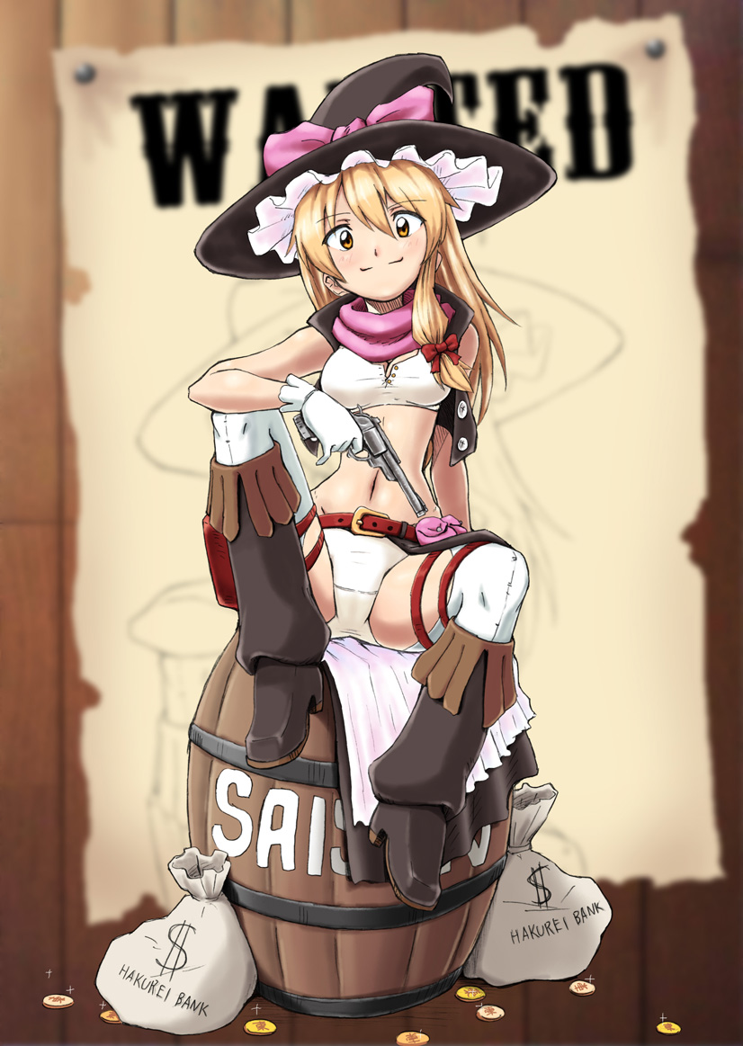 1girl, alternate_costume, bag, bare_shoulders, barrel, belt, blonde_hair, boots, breasts, cleavage, coin, cowboy_western, female_focus, fringe_trim, gun, handgun, hat, kirisame_marisa, long_hair, midriff, navel, panties, revolver, shiba_hajime, sitting, solo, takamaru_(opagu), thighhighs, touhou, underwear, wanted_poster, weapon, white_thighhighs, witch, witch_hat