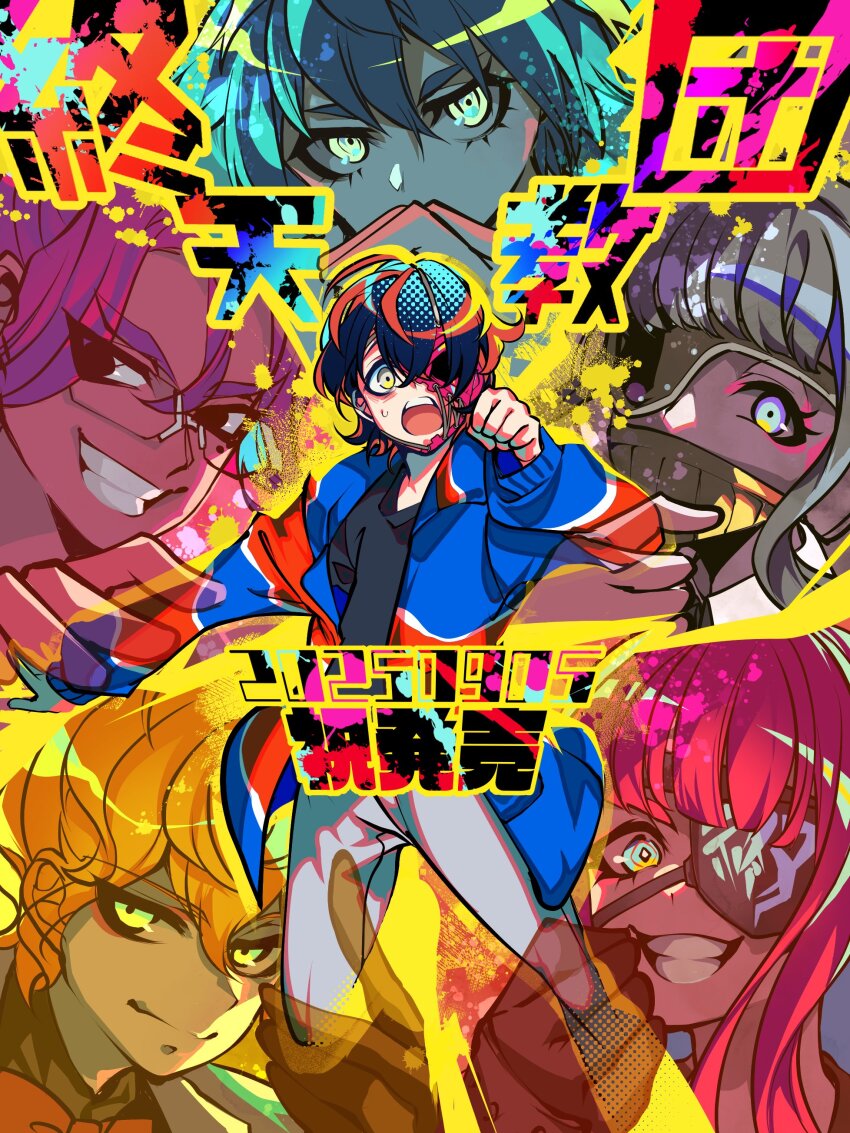 3boys, 3girls, absurdres, black_gloves, black_hair, black_shirt, blonde_hair, bow