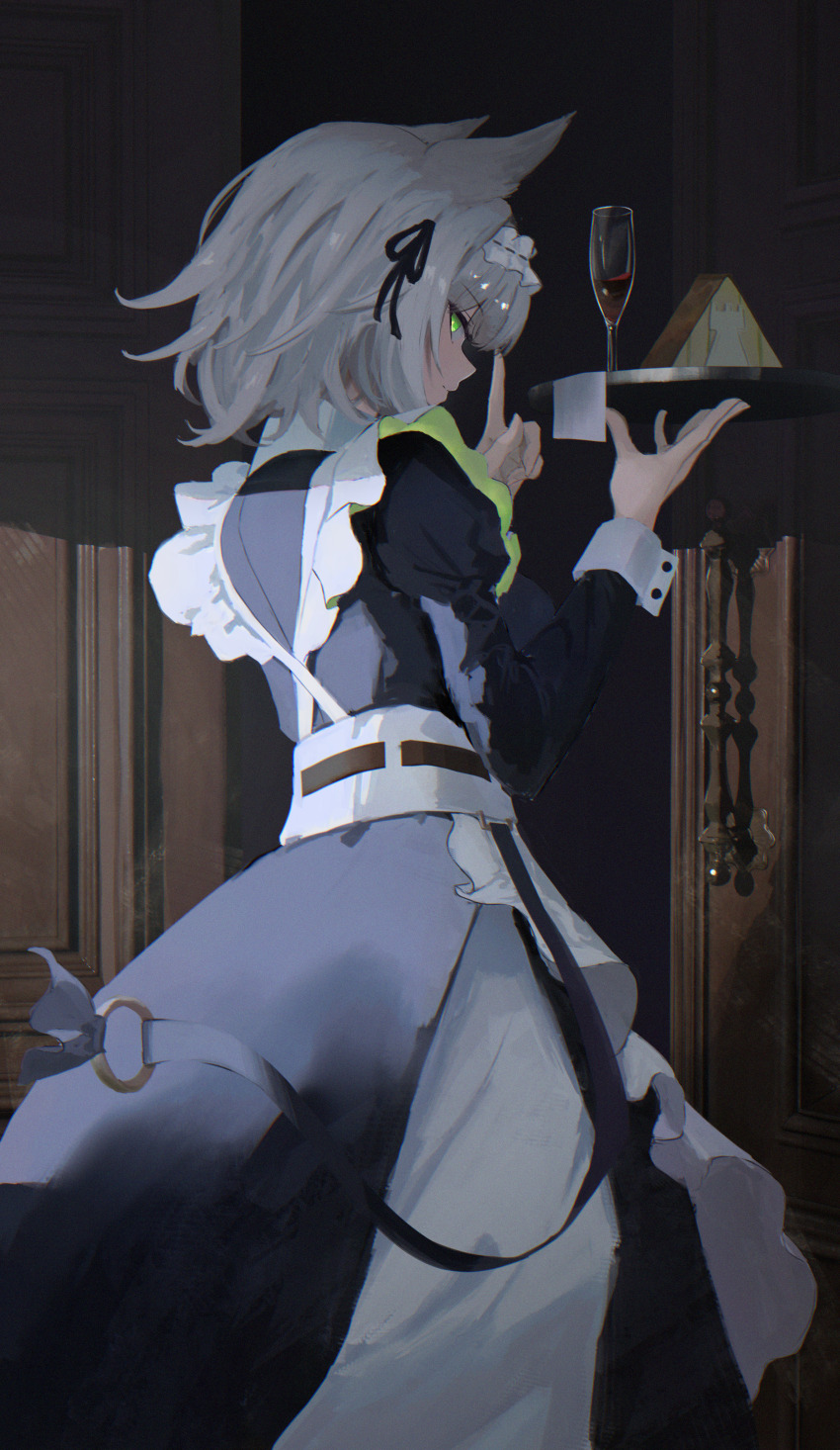 1girl, absurdres, animal_ears, apron, arknights, black_dress, cat_ears, cat_girl