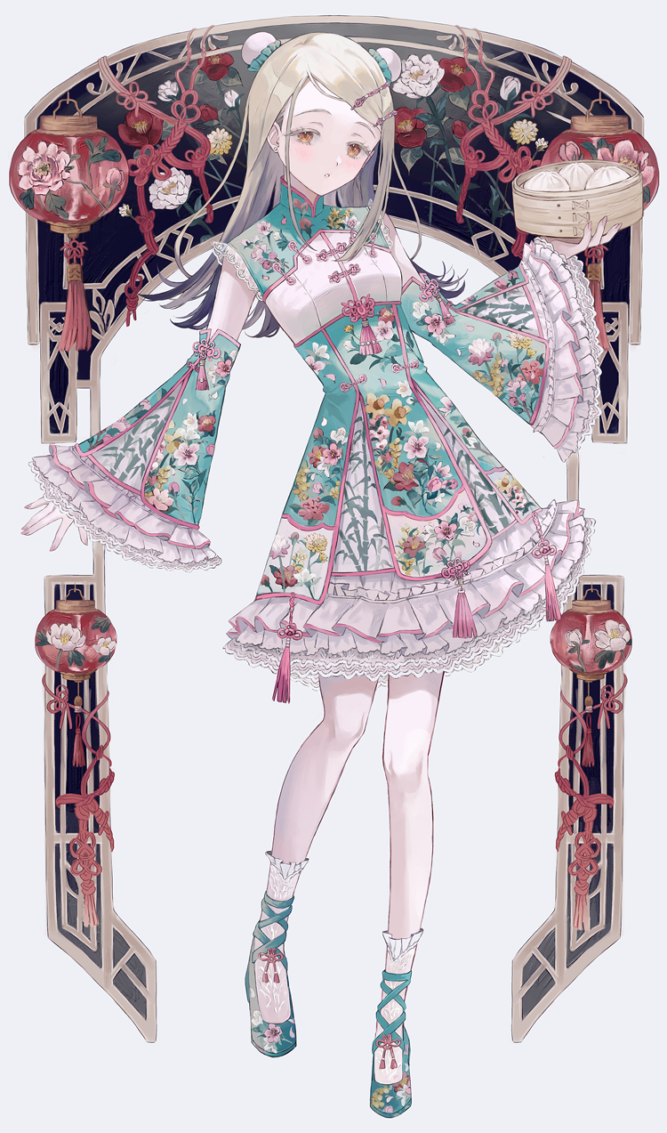 1girl, black_hair, blonde_hair, blush, breasts, bun_cover, china_dress, chinese_clothes