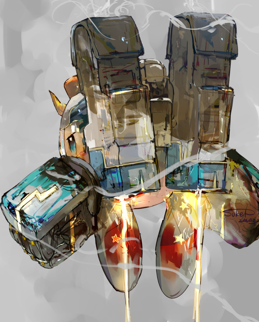 absurdres, arm_cannon, blue_eyes, commentary_request, from_behind, grey_background, helmet, highres