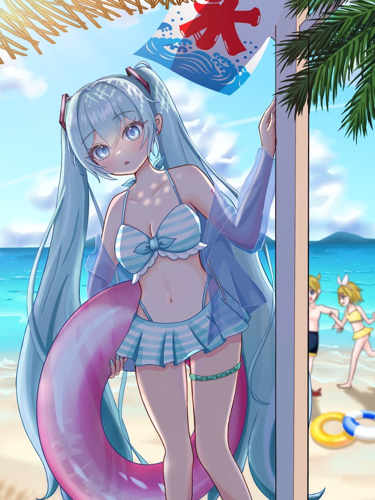 1boy, 2girls, aqua_bikini, aqua_eyes, aqua_hair, aqua_nails, beach, bikini